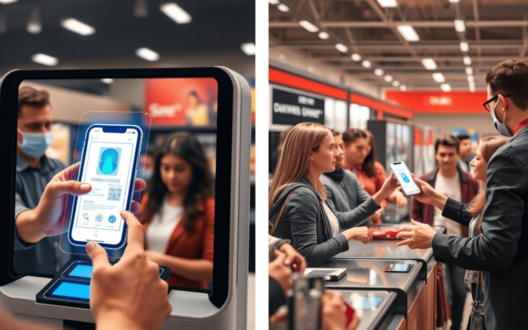 A worried retail owner watches security footage of a masked thief bypassing ID checks, with red alerts warning of fraud and fake IDs.