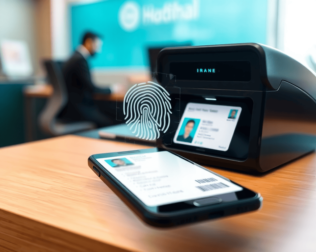 Close-up of an ID scanner or smartphone capturing an ID card with a glowing facial recognition mesh overlay, set in a clean professional space like a bank or hospital.