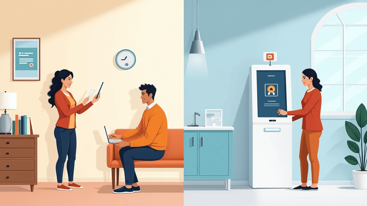 Split-screen design showing two distinct scenes: Kiosk vs Id Scanning
